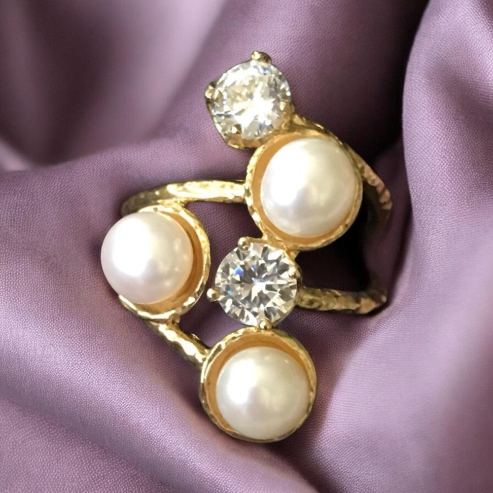 Tamar Swarovski Crystal Freshwater Pearl Ring Silver Plated 18k Gold NWT 8.5